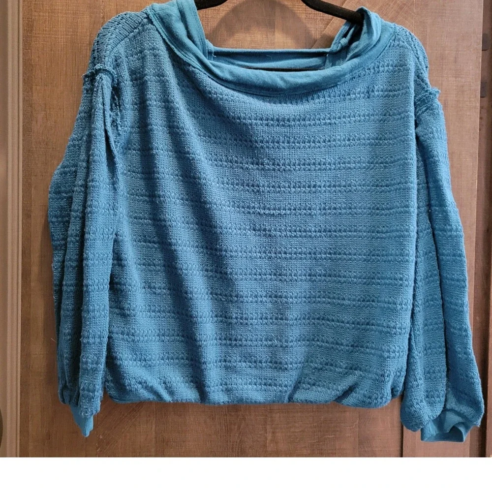 Free People Teal Blue Textured Pointelle Knit Pullover Top XS OB967835